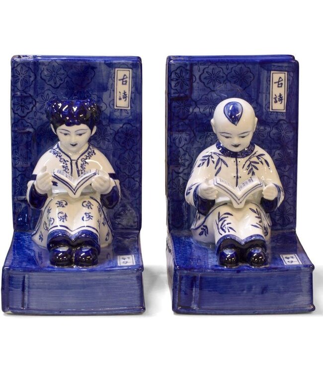 Fermalibri Cinese Porcellana Bambini Blu Bianco Dipinto a Mano Set/2 L18xP13xA23cm