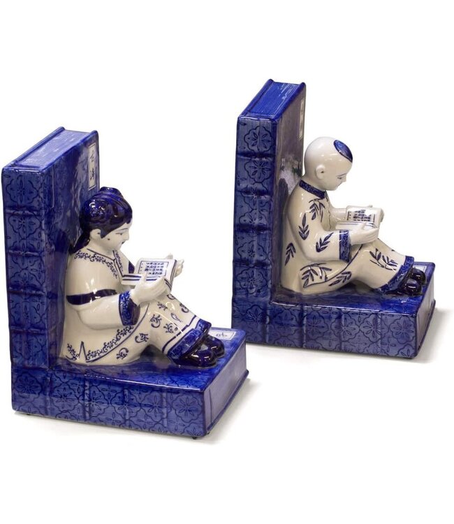 Chinese Boekensteun Porselein Kinderen Blauw Wit Handgeschilderd Set/2 B18xD13xH23cm
