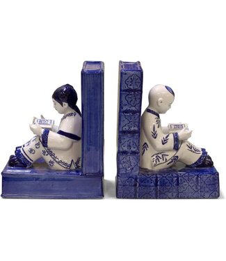 Fine Asianliving Serre-Livres Chinois Porcelaine Enfants Bleu Blanc Peint à la Main Ensemble/2 L18xP13xH23cm