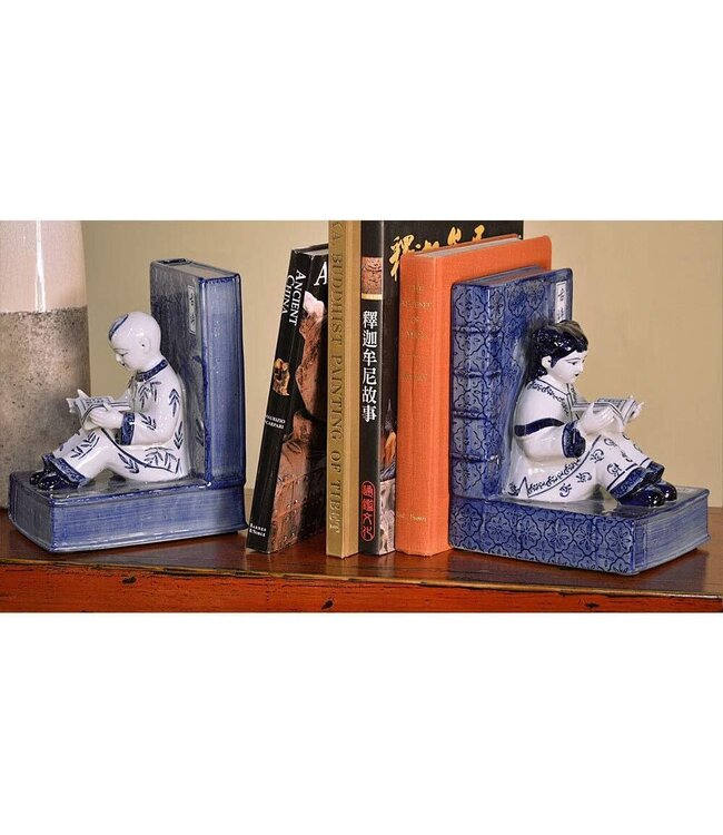 Fermalibri Cinese Porcellana Bambini Blu Bianco Dipinto a Mano Set/2 L18xP13xA23cm
