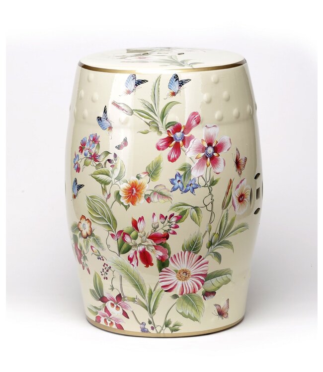 Keramik Hocker Beige Blumen Handgefertigt - Eirin D30xH45cm