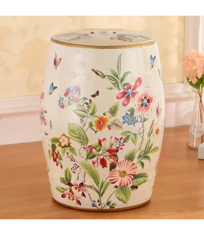 Keramische Kruk Beige Bloemen Handgemaakt - Eirin D30xH45cm