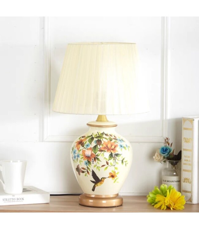 Chinesische Tischlampe Porzellan Weiß Kolibri Handgefertigt - Corinne D30xH48cm