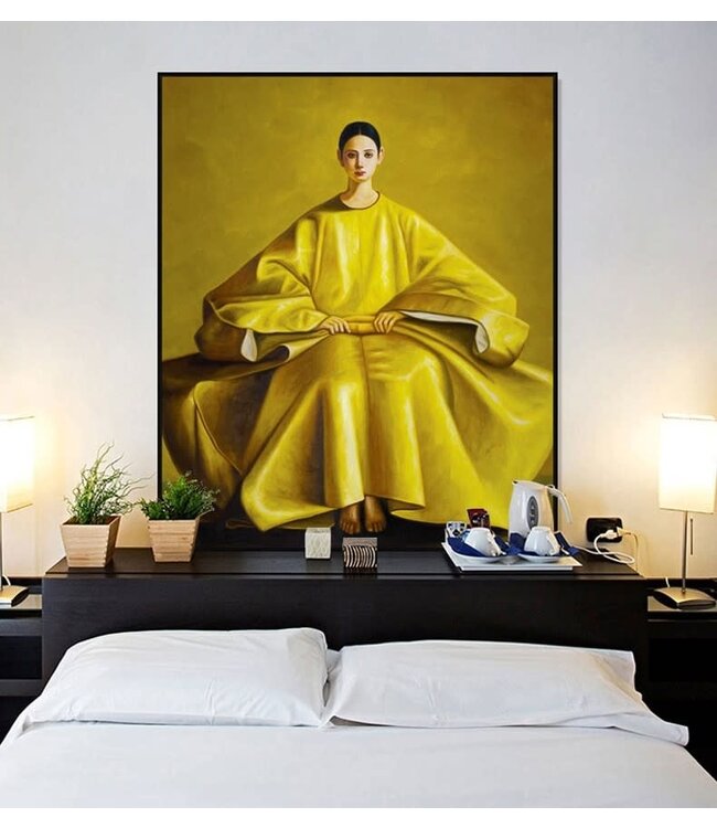 Pintura Al Óleo Cuadro Pintado a Mano Marco Negro 150x150cm Mujer China Amarillo