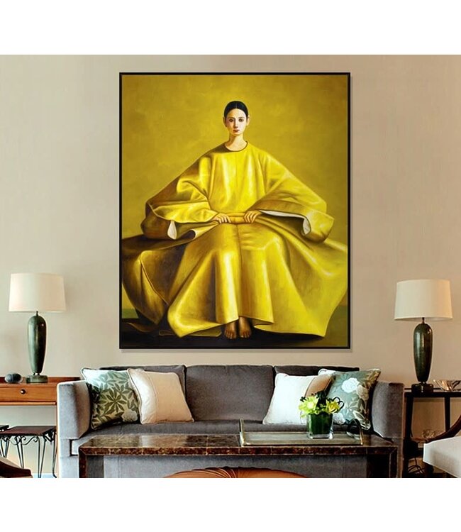 Pittura Ad Olio Dipinto a Mano Cornice Nero 150x150cm Donna Cinesa Giallo