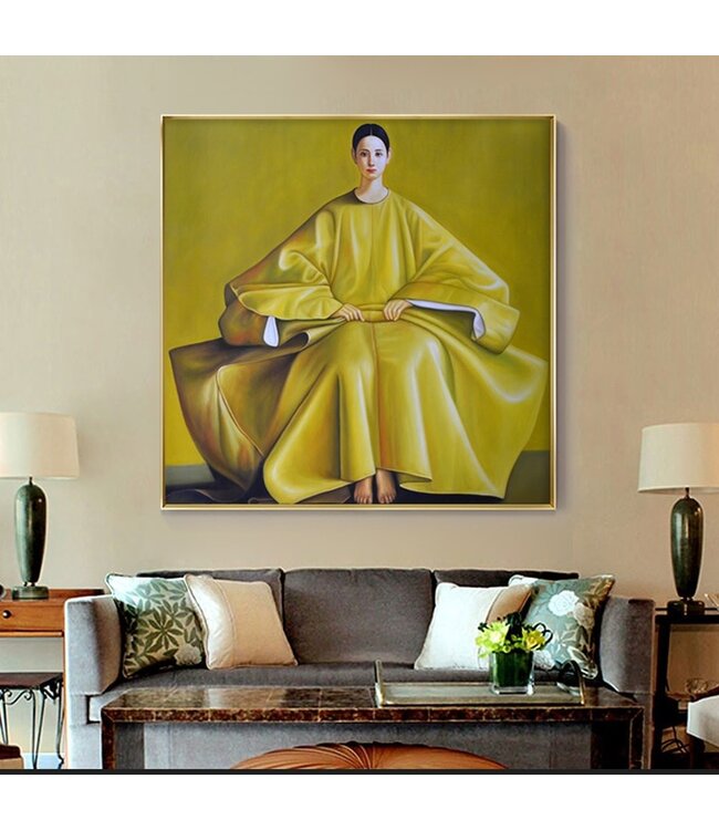 Pittura Ad Olio Dipinto a Mano Cornice Nero 120x120cm Donna Cinesa Giallo