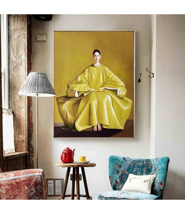 Peinture á l'Huile 100% Peint á La Main Cadre Noir 80x80cm Femme Chinois Jaune