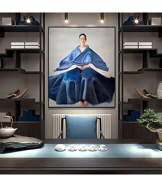 Fine Asianliving Pittura Ad Olio Dipinto a Mano Cornice Nero 120x120cm Donna Cinesa Blu