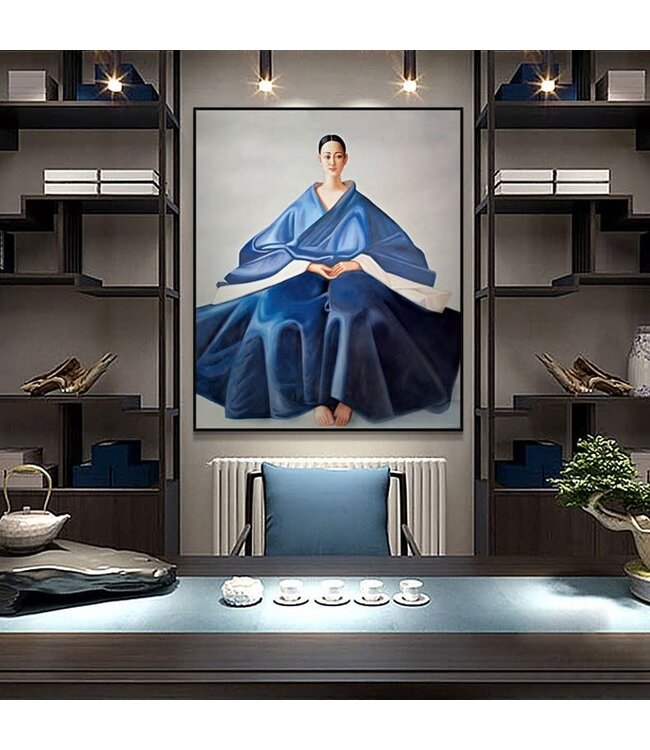 Pittura Ad Olio Dipinto a Mano Cornice Nero 100x100cm Donna Cinesa Blu