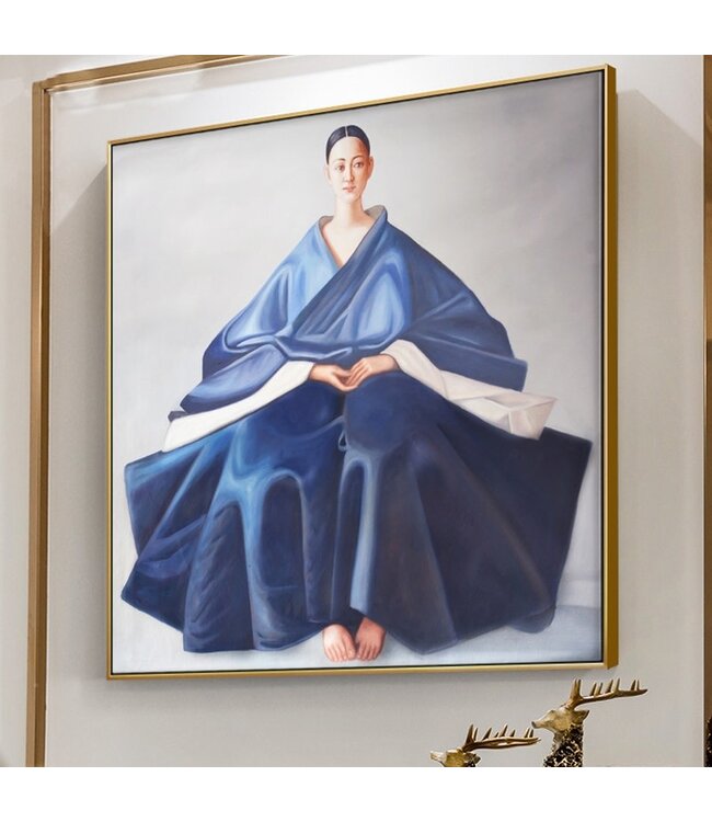 Pittura Ad Olio Dipinto a Mano Cornice Nero 100x100cm Donna Cinesa Blu