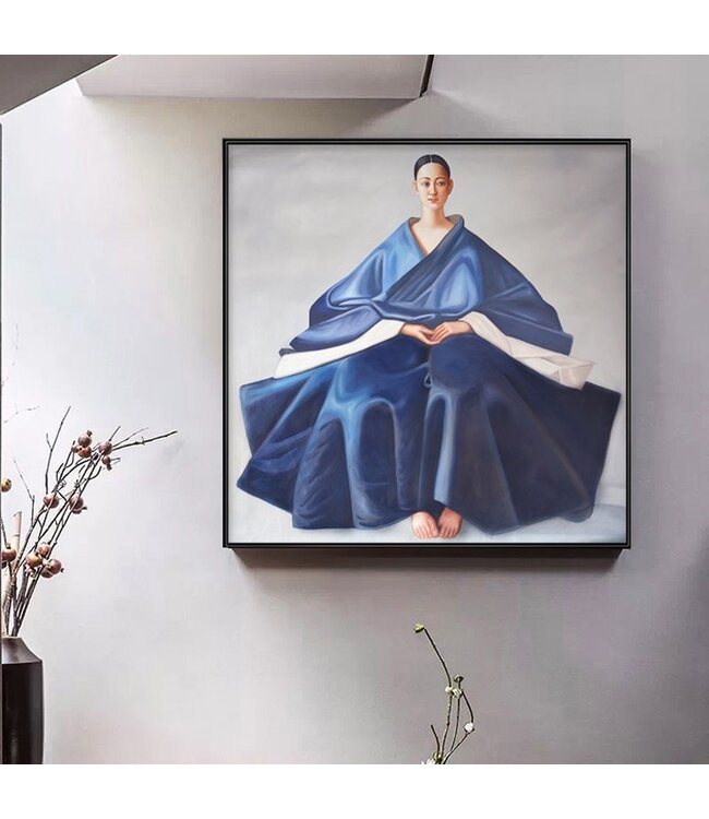Olieverf Schilderij 100% Handgeschilderd Zwarte Omlijsting 80x80cm Chinese Vrouw Blauw