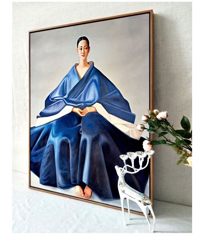 Pintura Al Óleo Cuadro Pintado a Mano Marco Negro 80x80cm Mujer China Azul