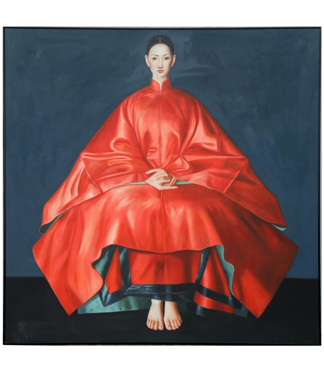 Olieverf Schilderij 100% Handgeschilderd Zwarte Omlijsting 100x100cm Chinese Vrouw Rood