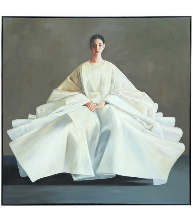 Pintura Al Óleo Cuadro Pintado a Mano Marco Negro 100x100cm Mujer China Blanco