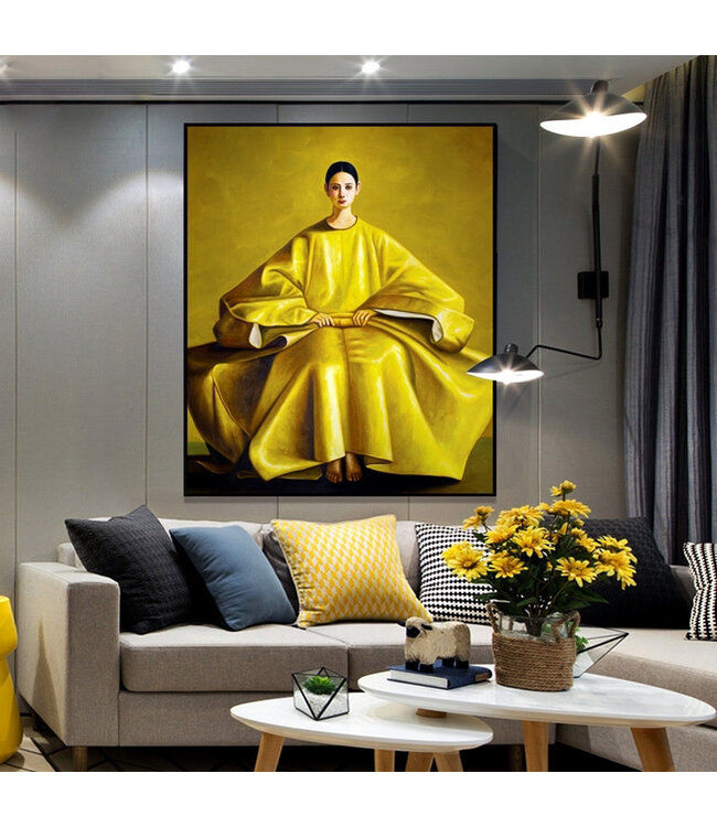 Olieverf Schilderij 100% Handgeschilderd Zwarte Omlijsting 120x120cm Chinese Vrouw Geel