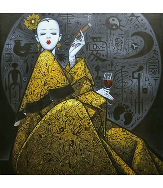 Fine Asianliving Peinture á l'Huile 100% Peint á La Main Cadre Noir 100x100cm Femme Chinoise avec Cigare Jaune