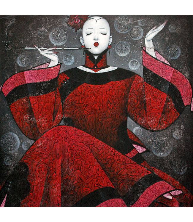 Peinture á l'Huile 100% Peint á La Main Cadre Noir 100x100cm Femme Chinoise avec Cigare Rouge