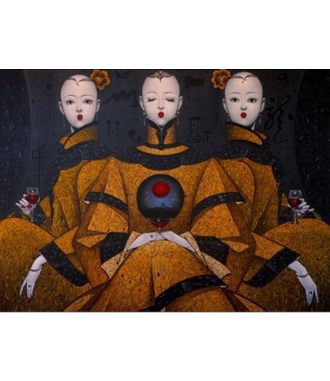 Ölgemälde 100% Handgemalt Rahmen Schwarz 100x150cm Chinesische Frauen Orange