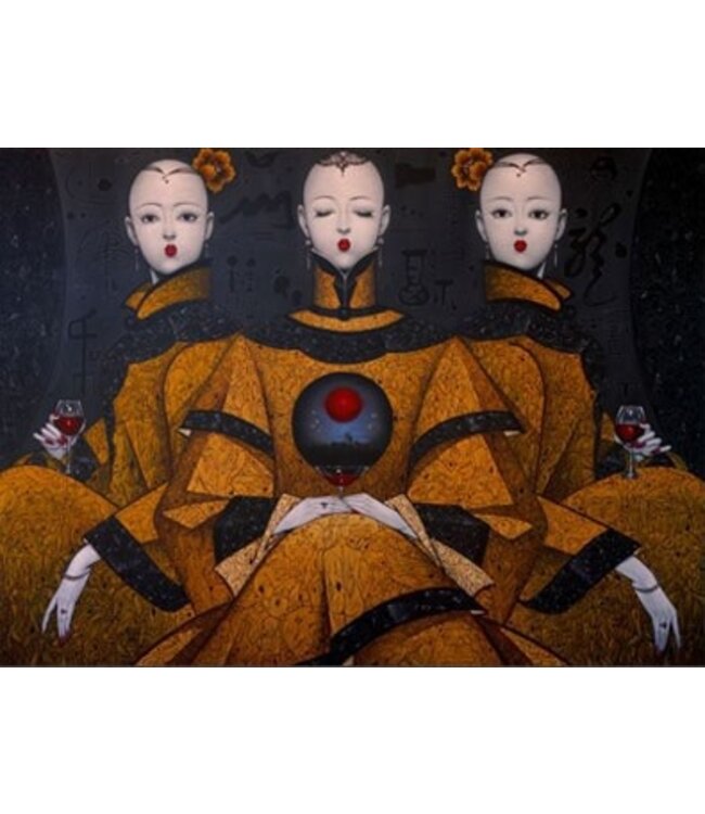 Olieverf Schilderij 100% Handgeschilderd Zwarte Omlijsting 100x150cm Chinese Vrouwen Oranje