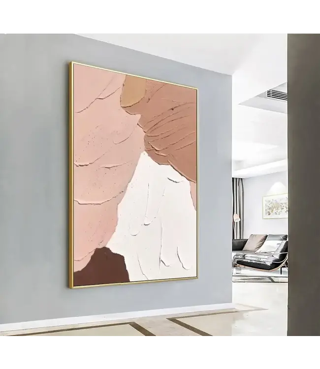 Pintura Al Óleo Cuadro Pintado a Mano 3D Efecto Relieve Marco Negro 90x120cm Arte Abstracto Rosa