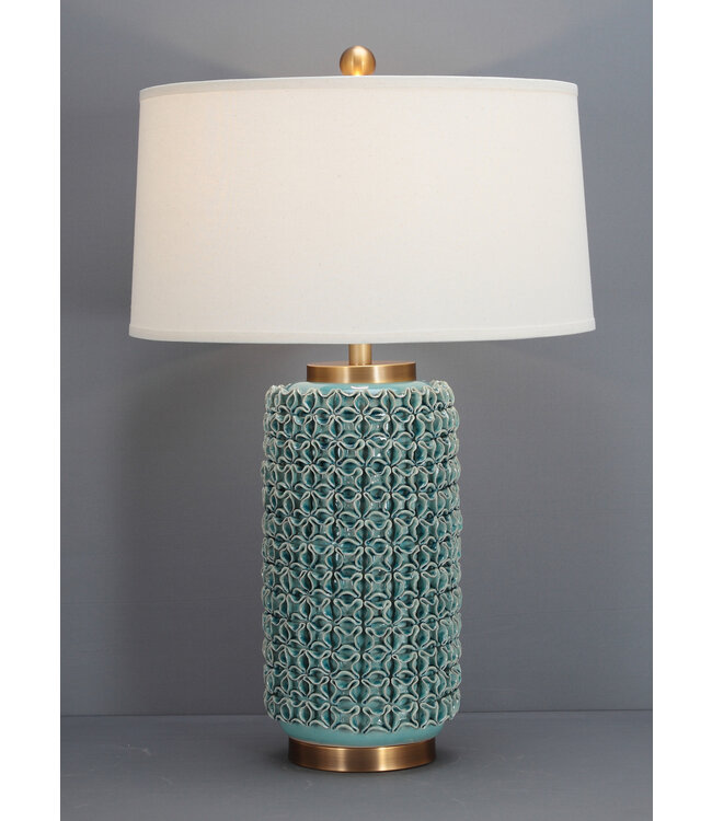 Lampada da Tavolo Cinese in Porcellana con Paralume Turchese Motivo Fatto a Mano D50xA76cm