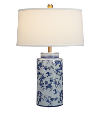 Fine Asianliving Lampada da Tavolo Cinese in Porcellana con Paralume Blu Bianco Uccelli Dipinto a Mano D50xA75cm