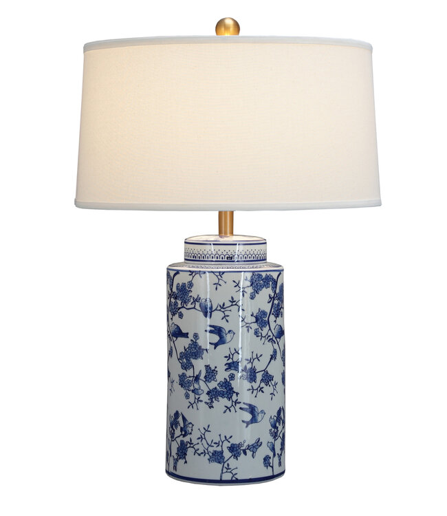 Chinese Table Lamp Porcelain with Lampshade Blue White Birds Hand-Painted D50xH75cm