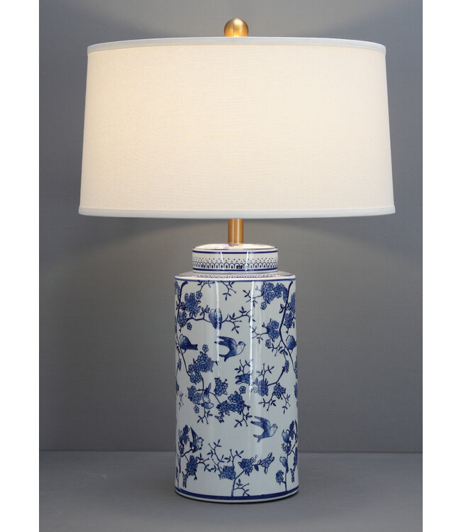 Chinesische Tischlampe Porzellan mit Schirm Blau Weiß Vögel Handgemalt D50xH75cm