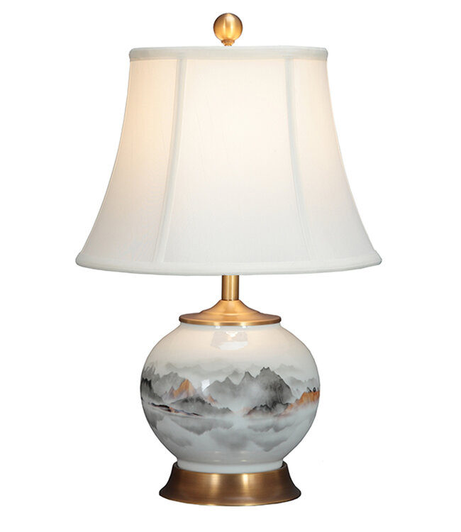 Chinese Table Lamp Porcelain with Lampshade White Mountains Hand-Painted D33xH53cm