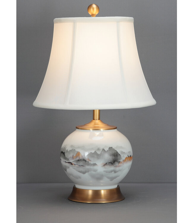 Chinese Table Lamp Porcelain with Lampshade White Mountains Hand-Painted D33xH53cm