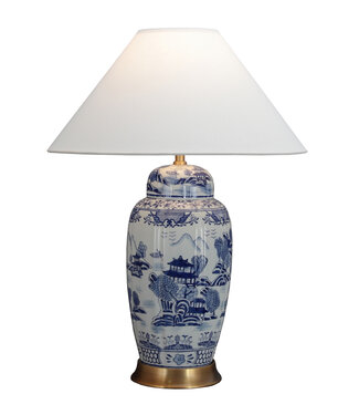 Fine Asianliving Lampada da Tavolo Cinese in Porcellana con Paralume Blu Bianco Paesaggio Dipinto a Mano D52xA70cm