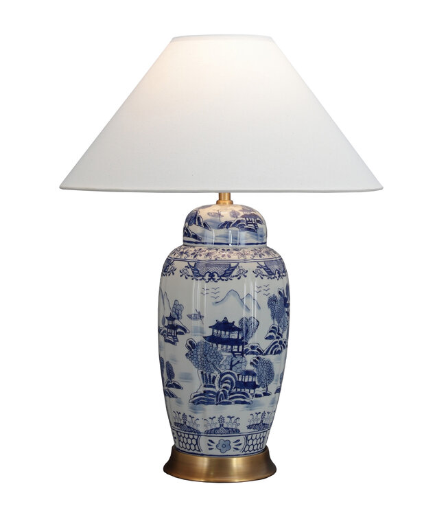 Lampe de Table en Porcelaine Chinoise avec Abat-jour Bleu Blanc Paysage Peint à la Main D52xH70cm