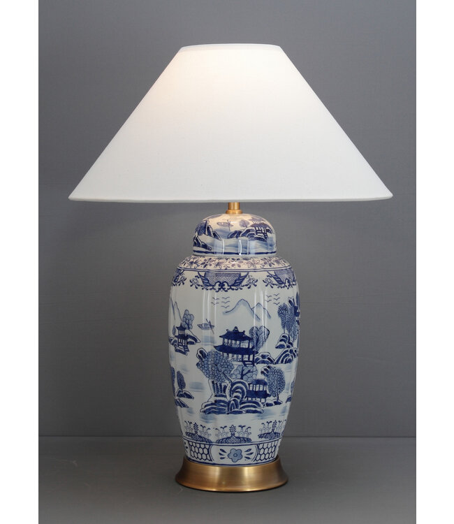 Lampada da Tavolo Cinese in Porcellana con Paralume Blu Bianco Paesaggio Dipinto a Mano D52xA70cm