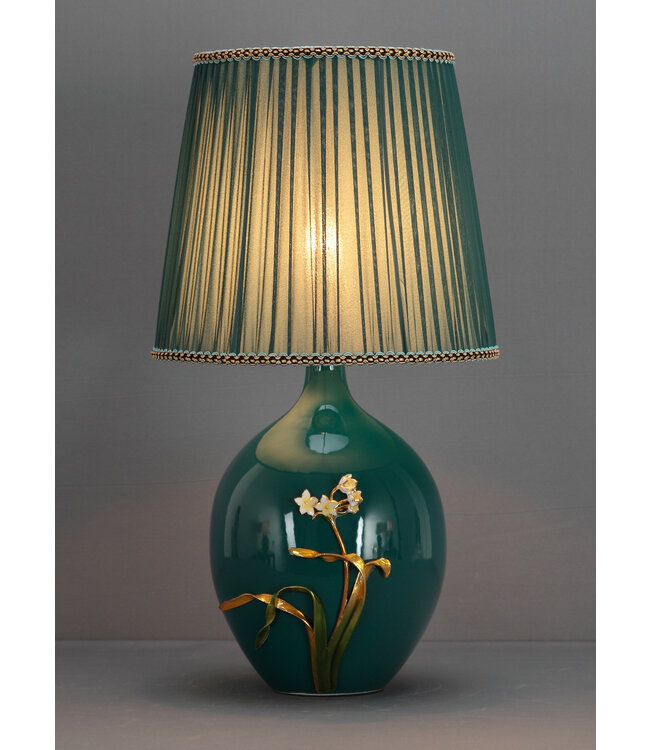 Lampada da Tavolo Cinese in Porcellana con Paralume Verde Acqua Fiori Fatto a Mano D28xA52cm