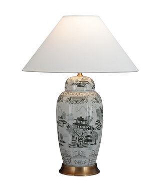 Fine Asianliving Lampe de Table en Porcelaine Chinoise avec Abat-jour Blanc Paysage Peint à la Main D52xH70cm