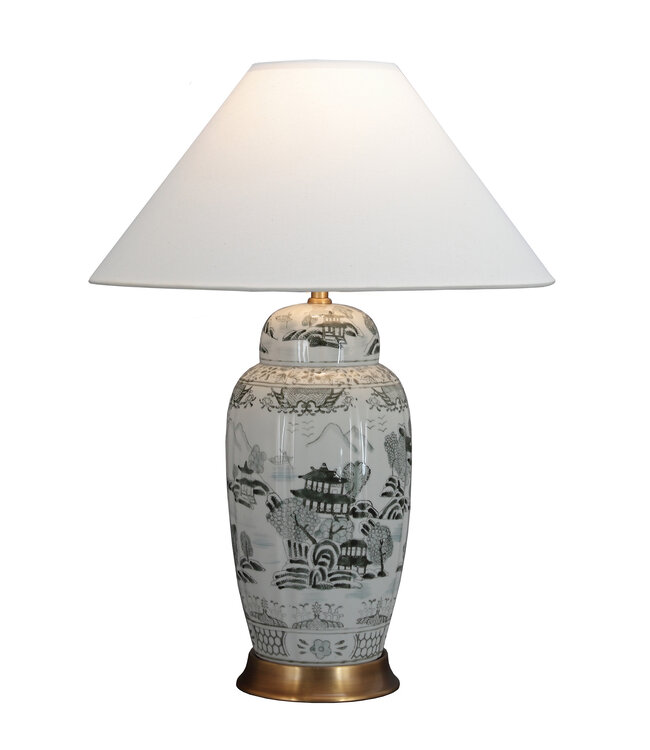 Chinese Table Lamp Porcelain with Lampshade White Landscape Hand-Painted D52xH70cm