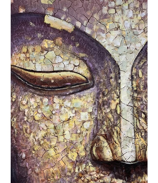 Pittura Ad Olio Dipinto a Mano 3D in Rilievo Cornice Nero 100x150cm Buddha Oro