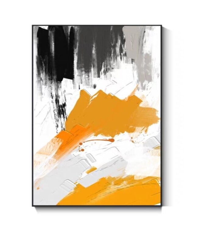 Pintura Al Óleo Cuadro Pintado a Mano 3D Efecto Relieve Marco Negro 90x120cm Arte Abstracto Naranja