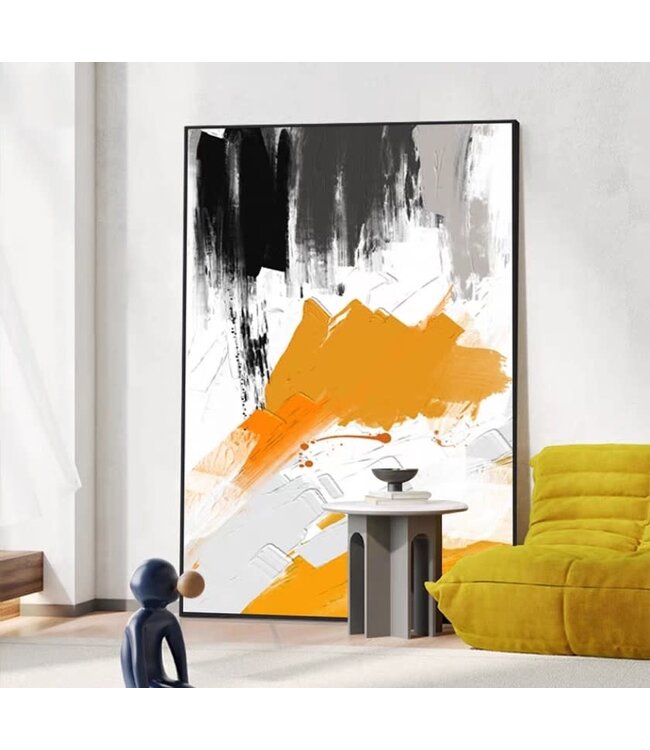 Olieverf Schilderij 100% Handgeschilderd 3D met Reliëf Effect en Zwarte Omlijsting 90x120cm Abstracte Kunst Oranje