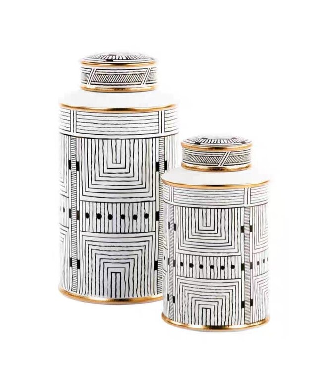 Chinese Ginger Jar Porcelain Black White with Gold Accent Geometric Handmade D16xH26cm