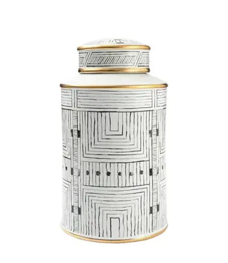 Fine Asianliving Tarro de Jengibre Chino Porcelana Blanco con Acento Dorado Geométrico Hecho a Mano D16xAl26cm