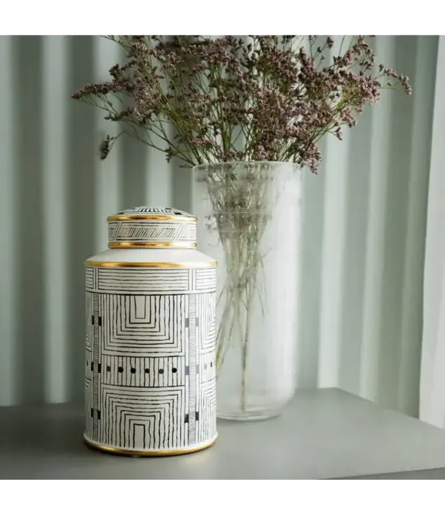 Pot à Gingembre Chinois Porcelaine Blanc avec Accent Doré Géométrique Fait Main D16xH26cm