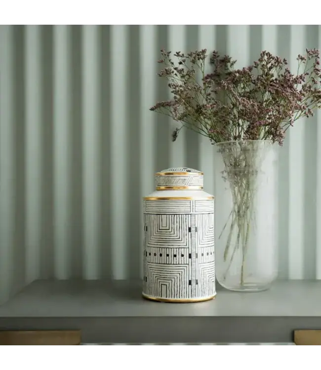 Chinese Ginger Jar Porcelain Black White with Gold Accent Geometric Handmade D16xH26cm