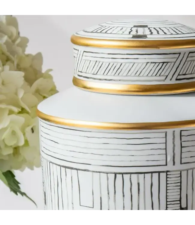 Chinese Ginger Jar Porcelain Black White with Gold Accent Geometric Handmade D16xH26cm