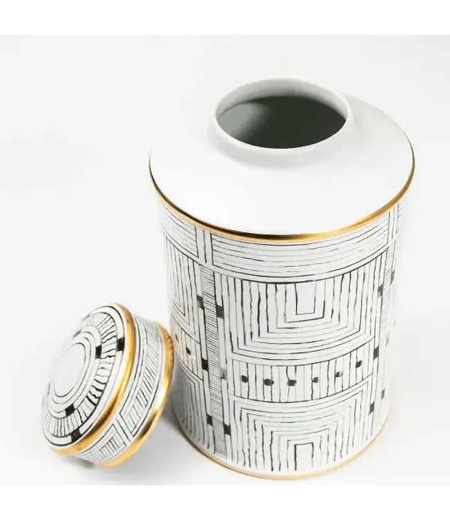 Vaso Ginger Jar Cinese in Porcellana Bianco con Accento Dorato Geometrico Fatto a Mano D16xA31cm