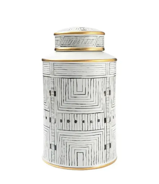 Pot à Gingembre Chinois Porcelaine Blanc avec Accent Doré Géométrique Fait Main D16xH31cm