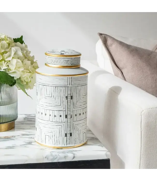 Chinese Ginger Jar Porcelain Black White with Gold Accent Geometric Handmade D16xH31cm