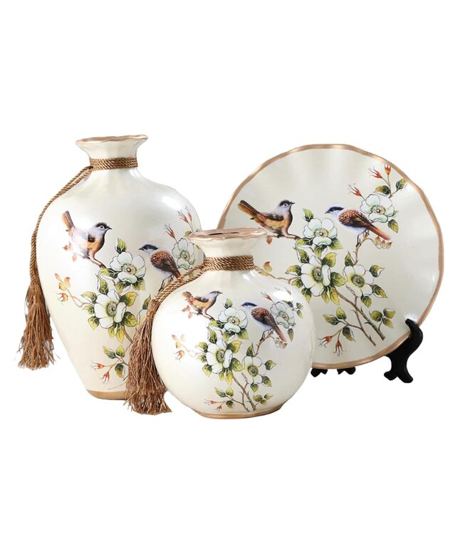 Porcelana China Jarrón Decorativo y Plato Blanco Pájaros Hecho a Mano Juego/3