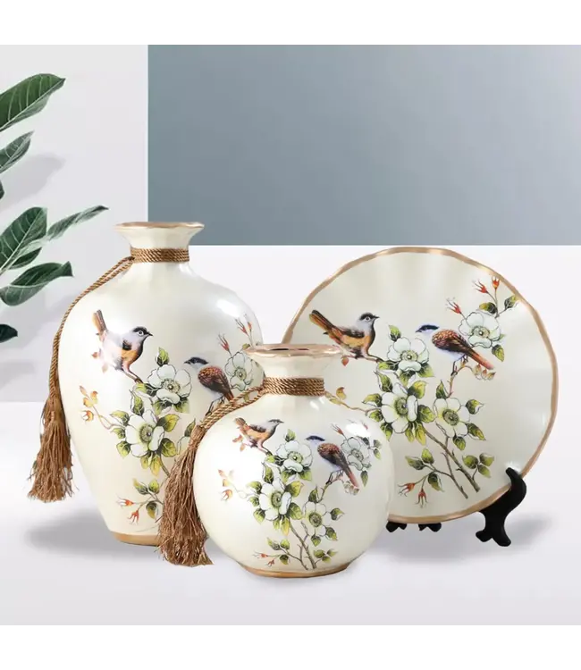Chinesisches Porzellan Dekorative Vase und Teller Weiß Vögel Handgefertigt Set/3