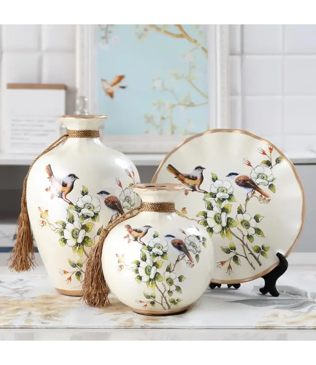 Porcelaine Chinoise Vase Décoratif et Assiette Blanc Oiseaux Fait Main Ensemble/3